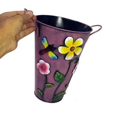 Imagem de Balde Vaso De Ferro Com Alça Jardim Flor Libelula Rosa