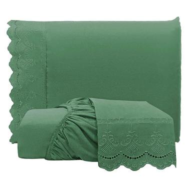 Imagem de Jogo De Lençol Realce Casal 3 Peças Percal 300 Fios Bordado Inglês Macio - Verde - 100% Poliéster