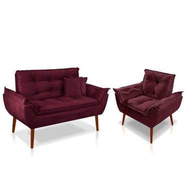 Imagem de Kit 01 Poltrona Opala + 01 Namoradeira Opala + 02 Almofadas Suede Bordô