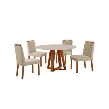 Imagem de Conjunto Sala De Jantar Mesa Floripa 110cm Tampo Redondo Vidro-mdf Off White Com 4 Cadeiras Dallas Linho Bege