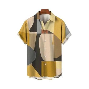 Imagem de Camisa Havaiana Geométrica Colorida Masculina Com Estampa 3D, Manga Cu