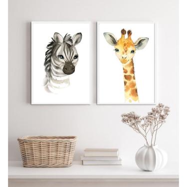 Imagem de Kit 2 Quadros Animais Aquarela 33x24cm - Madeira Branca