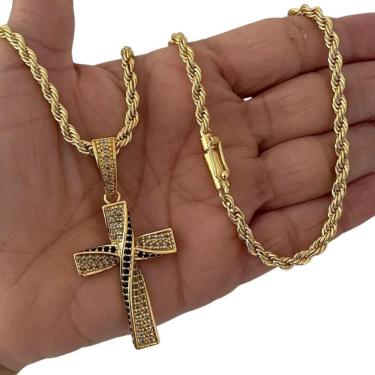 Imagem de Cordão 5Mm Baiano + Pingente Cruz Amarrada - Banhado A Ouro