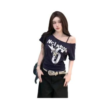 Imagem de Camiseta Oversize Y2K Feminina De Manga Longa Com Estampa, Top Básico 