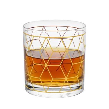 Imagem de Copo De Whisky Vidro Baixo Para Drink Whiskey Uisque Detalhe Dourado Cube 320ml Wolff