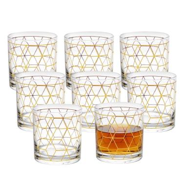 Imagem de Jogo 8 Copo De Whisky Vidro Baixo Para Drink Whiskey Uisque Detalhe Dourado Cube 320ml Wolff