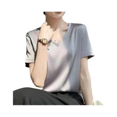 Imagem de Camiseta Feminina De Verão Oversized Com Decote Em V, Simulação De Sed