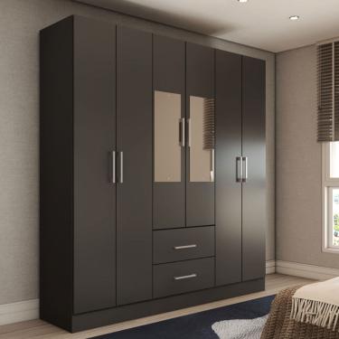 Imagem de Guarda-Roupa Solteiro Bali 6 Portas 2 Gavetas com Espelho Preto - Panorama Móveis