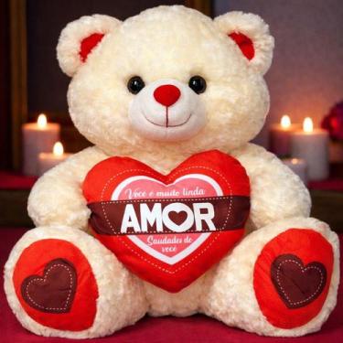 Imagem de Urso de Pelúcia Grande Com Coração Amor Saudades de Você Cor:Creme - F