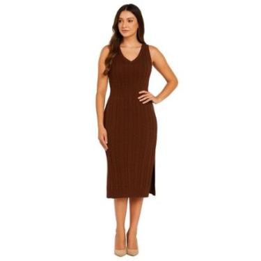 Imagem de Vestido Vih Triny Midi Tricô Feminino Marrom com Detalhe de Tranças e Abertura Lateral Premium-Feminino