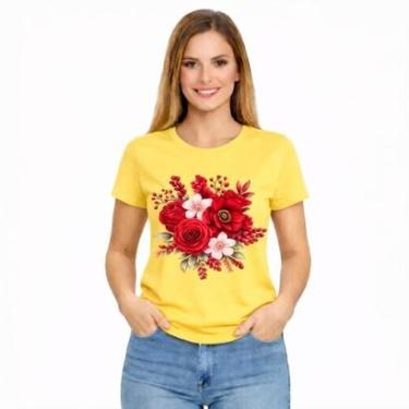 Imagem de Camiseta Feminina Estampada Rosa Flores Vermelhas Premium-Feminino