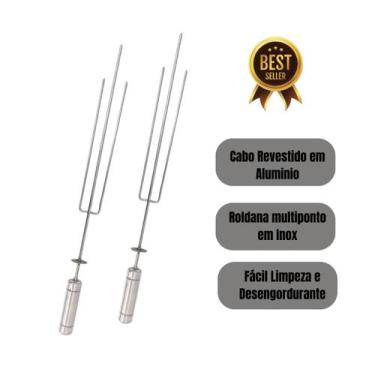 Imagem de 2x Espeto Triplo Giratório 60cm Inox Tridente Churrasqueira - INOX LAU