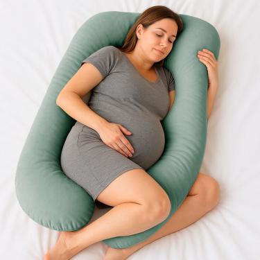 Imagem de Almofada de Corpo Gestante Isa Formato U Veludo Macio Fibra Siliconada Verde Acqua Abmaza
