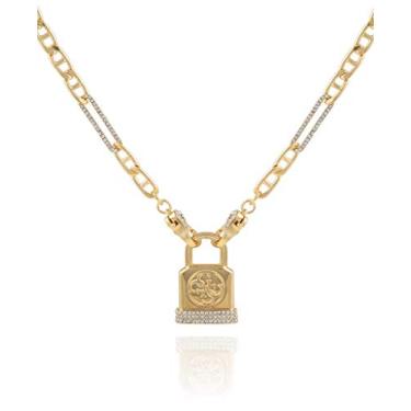 Imagem de GUESS Colar feminino dourado com logotipo e pingente de cadeado, one size, Vidro, Zircônia cúbica