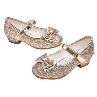 Imagem de Sapato feminino Mary Jane com glitter, salto baixo, princesa, flor, vestido de festa, sapato para crianças pequenas, T08-gold, 11 Little Kid