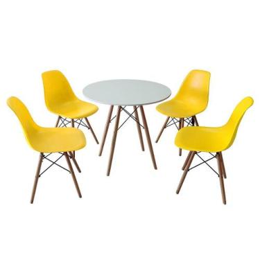 Imagem de Conjunto Mesa De Jantar 80cm + 4 Cadeiras Eames Branco/Amarelo - Trave