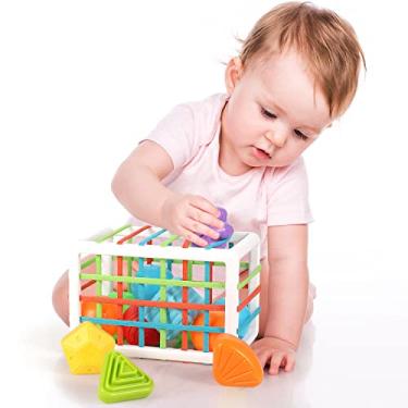 Imagem de GKPLY Shape Sorter Brinquedos para Bebês 12-18 Meses, Aprendizagem Montessori, Brinquedos de Desenvolvimento, Cubo de Armazenamento & 6 Blocos de Formas Sensoriais, Habilidades Motoras Finas, Pres