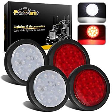 Imagem de Partsam 4 peças de luzes de neblina reversas de 10 cm redondas de LED Stop Turn Tail 12 luzes de LED incluem argolas de 3 garras de arame redondo de 3 garras para reboque de caminhão RV (2 vermelhos + 2 brancos)