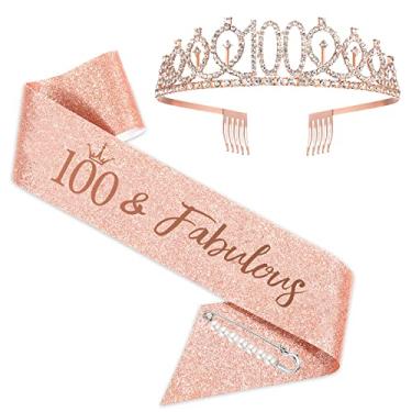Imagem de Faixa e tiara de aniversário de 100 anos para mulher, coroa de faixa de aniversário de ouro rosa 100 e faixa fabulosa para mulheres, de 100 anos para lembrancinhas de festa de aniversário de 100 anos