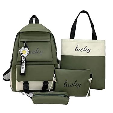 Imagem de 4 peças/conjunto mochila universitária bolsa casual de grande capacidade mochila de viagem para computador com estojo, bolsa, bolsa de moedas, verde, 42 x 30 cm
