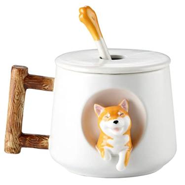 Imagem de Scizorito Linda xícara de casal de cães, caneca de café de cerâmica com tampa, patas fofas na parte superior da colher, design tridimensional Shiba Lnu fofo, com textura fosca, (cabeça branca de 420 ml)
