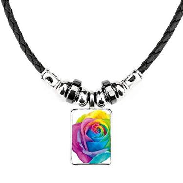 Imagem de DIYthinker Colar de flor lésbica gay arco-íris LGBT joia torque pingente de corda de couro