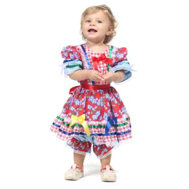 Imagem de Vestido Bebê Festa Junina Caipira Vermelho e Azul com Culote