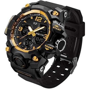 Imagem de LYMFHCH Relógio esportivo analógico masculino, relógio digital militar de LED, cronômetro eletrônico grande, mostrador duplo, relógio de pulso tático, Dourado, relogio masculino