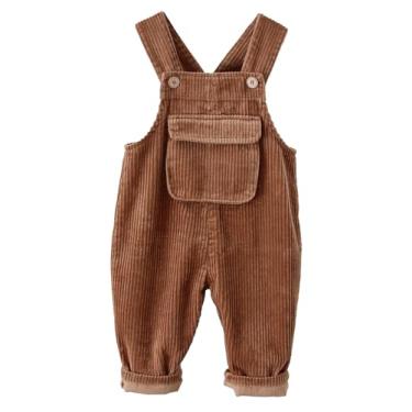 Imagem de Happy Cherry Macacão infantil de veludo cotelê com botão ajustável, calça grande, simples, roupa, B - marrom, 12-18 meses