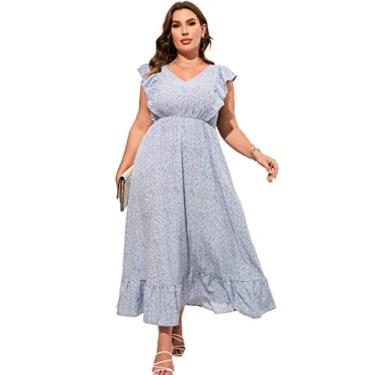 Imagem de KOJOOIN Vestido feminino plus size de verão com bolso com babados, sem mangas, decote em V, fenda lateral, vestido longo de praia, Flor roxa azul - 1, 4G