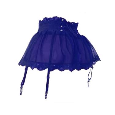 Imagem de Eforcase Lingerie feminina de renda minissaia de malha lingerie amarrada nas costas saia curta cinto liga conjunto lingerie roupa de dormir, Azul, P