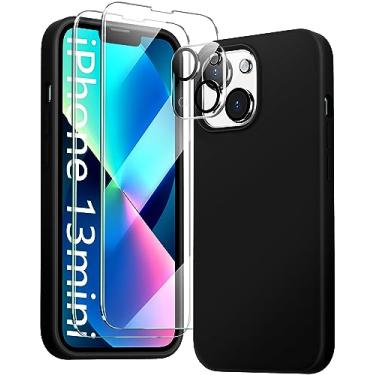 Imagem de JTWIE [Capa 5 em 1 para iPhone 13 Mini 5,4 polegadas, com 2 películas protetoras de tela + 2 pacotes de protetores de lente de câmera, capa protetora fina de silicone líquido à prova de choque (preto)
