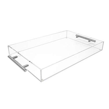 Imagem de Bandeja de servir de acrílico transparente Isaac Jacobs (28 x 43) com alças de metal prateado, à prova de derramamento, organizador empilhável, servidor de alimentos e bebidas, dentro de casa/ao ar