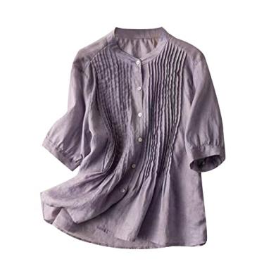 Imagem de Camiseta feminina de linho, plissada, manga 3/4, gola redonda, botão, caimento solto, túnica rodada, camisa de verão para sair, Roxa, G
