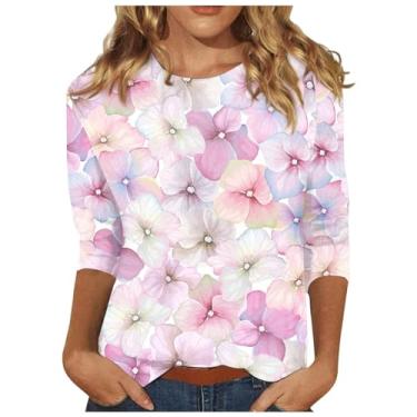 Imagem de Camiseta feminina folgada manga 3/4 camiseta gráfica moderna gola redonda casual túnica verão sair, rosa, 3G