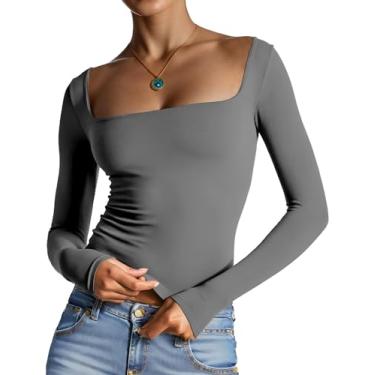 Imagem de Cnlinkco Camiseta feminina gola quadrada manga longa básica slim fit cor sólida túnica sexy, Cinza, GG