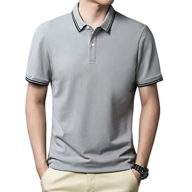 Imagem de Polos masculinos de poliéster com gola listrada, camisa de cor sólida, leve, secagem rápida, manga curta, moda esportiva(Color:Gray,Size:L)