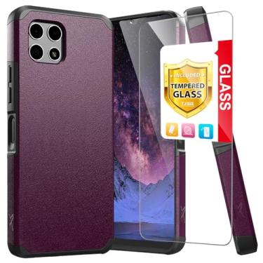 Imagem de TJS Capa compatível com T-Mobile Revvl 7 5G, com protetor de tela de vidro temperado, suporte magnético híbrido de camada dupla, à prova de choque, capa resistente (roxa)