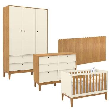 Imagem de Quarto de Bebê Unique 3 Portas com Cômoda 6 Gavetas e Painel Farm Off White Freijó Eco Wood - Matic