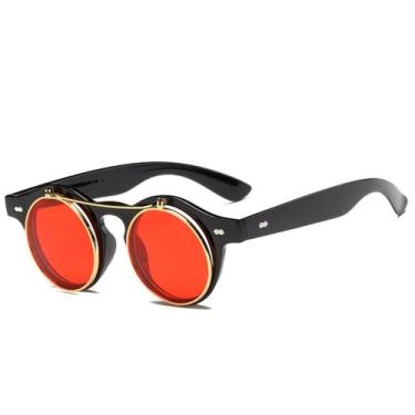 Imagem de Moda redonda steampunk flip up óculos de sol masculino feminino vintage camada lente clássico óculos de sol uv400, preto vermelho, um tamanho