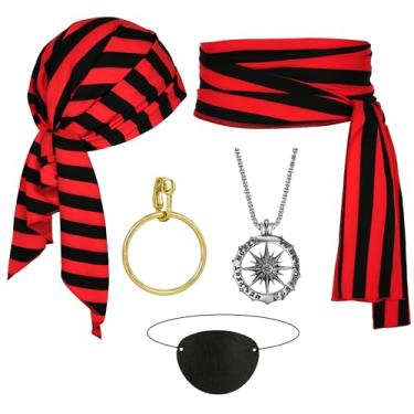 Imagem de CICOCI Acessórios de fantasia de pirata para mulheres, conjunto com chapéu, cachecol, faixa, cinto e brinco, vermelho e preto, Free
