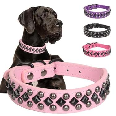 Imagem de Serijoars Coleira de couro PU cravejada para cães para raças pequenas, médias e grandes, Pit Bull, Bully, Husky, Terrier, ajustável (rosa, M (32-38 cm))