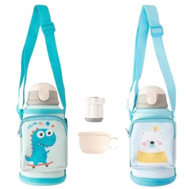 Imagem de Garrafa Térmica Infantil 450ml Aço Inox Com Bolsa E 3 Tampas Escolar Bico Silicone (Azul)