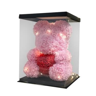 Imagem de Wswqop Urso Rosa com Caixa de Presente Romântico Feriado Flor Preservada Urso Flores Artificiais Presentes Dia Das Mães para Namorada Mulheres Amantes, ROSA, Tamanho real