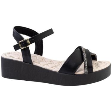 Imagem de Sandália Anabela Feminina Papete Ortopédica Strass Confortável Versátil Estilosa Via Angel 8502 (Preto, BR, Adulto, Numérico, 37)