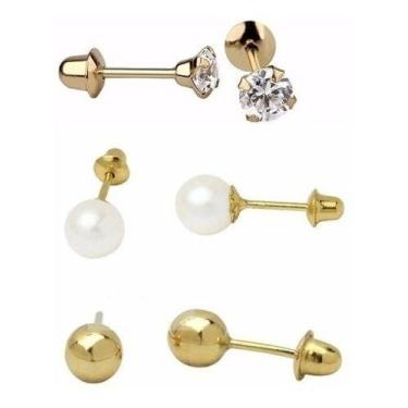 Imagem de 3 Brincos Ouro 18k Infantil Segundo Furo Kit Joia Ouro - RD Magazine