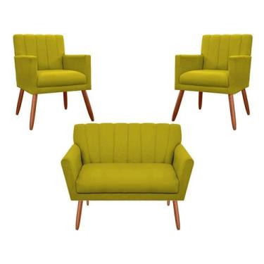 Imagem de Kit Namoradeira + 2 Poltronas Decorativa Cecília Suede Amarelo Pés Mad