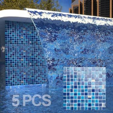 Imagem de LSDECO 5 folhas de azulejos de mosaico de vidro, azulejos de piscina, azulejos de cozinha de 30,5 x 30,5 cm, azulejos de vidro para parede de chuveiro de borda de banheiro (mistura azul de 5 metros