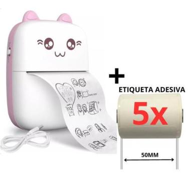 Imagem de Mini impressora foto gatinho + 5 rolos de etiqueta - Xd Mega, Rosa