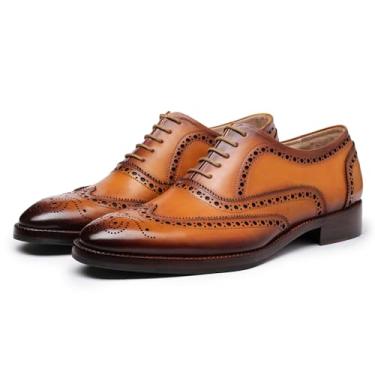 Imagem de Lethato Sapato social masculino Wingtip Brogue Oxford feito à mão em couro legítimo com cadarço, Bronzeado, 7.5-8